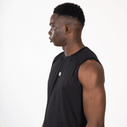 A black sleeveless athletic shirt worn by a man in profile against a plain white background.